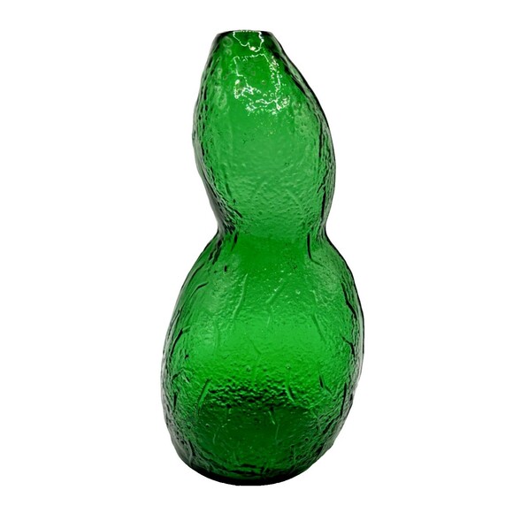Vintage Hand Blown Art Glass Vase Double Gourd Shape Green Texture Free Form 10" - Picture 4 of 6